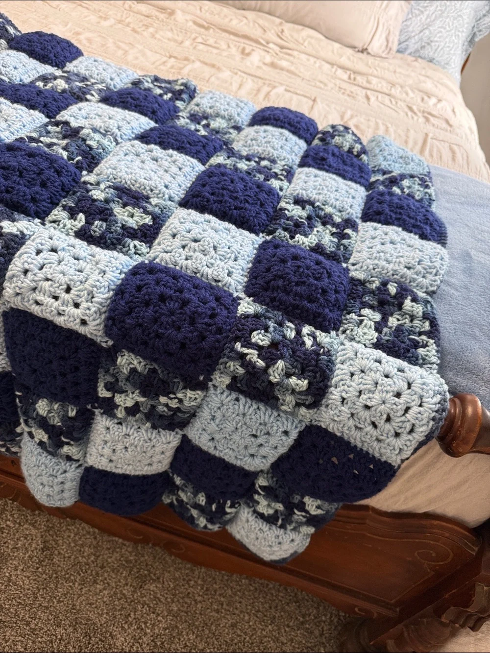 Handmade Blue Check Crochet Baby Blanket